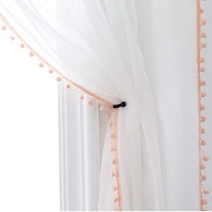 MISS SELECTEX Sheer Curtains, 52 x 63 In, White Sheer & Sage Green Pom Poms